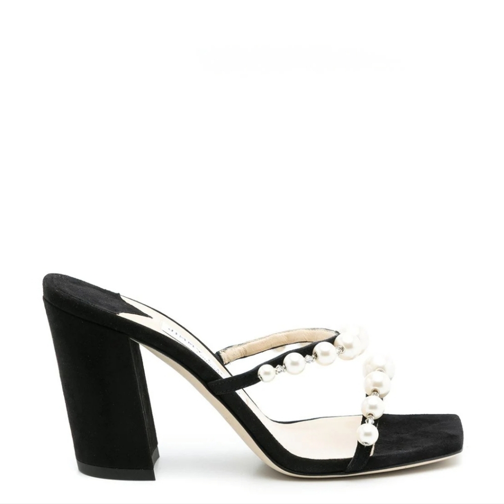 Jimmy Choo Amara 85 Pearl Embellished Block Heel Sandals in Black size 40